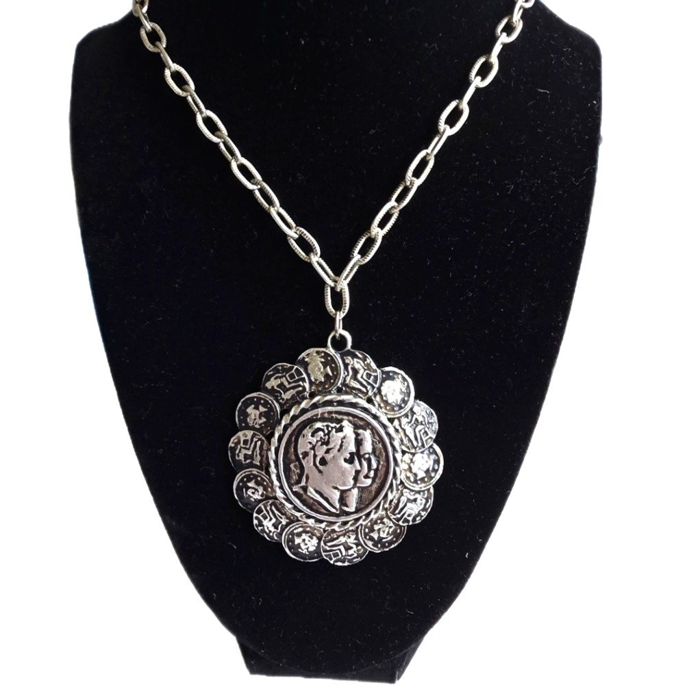 Judy Lee Napoleon Pendant Necklace – Silver Toned Coins Pendant