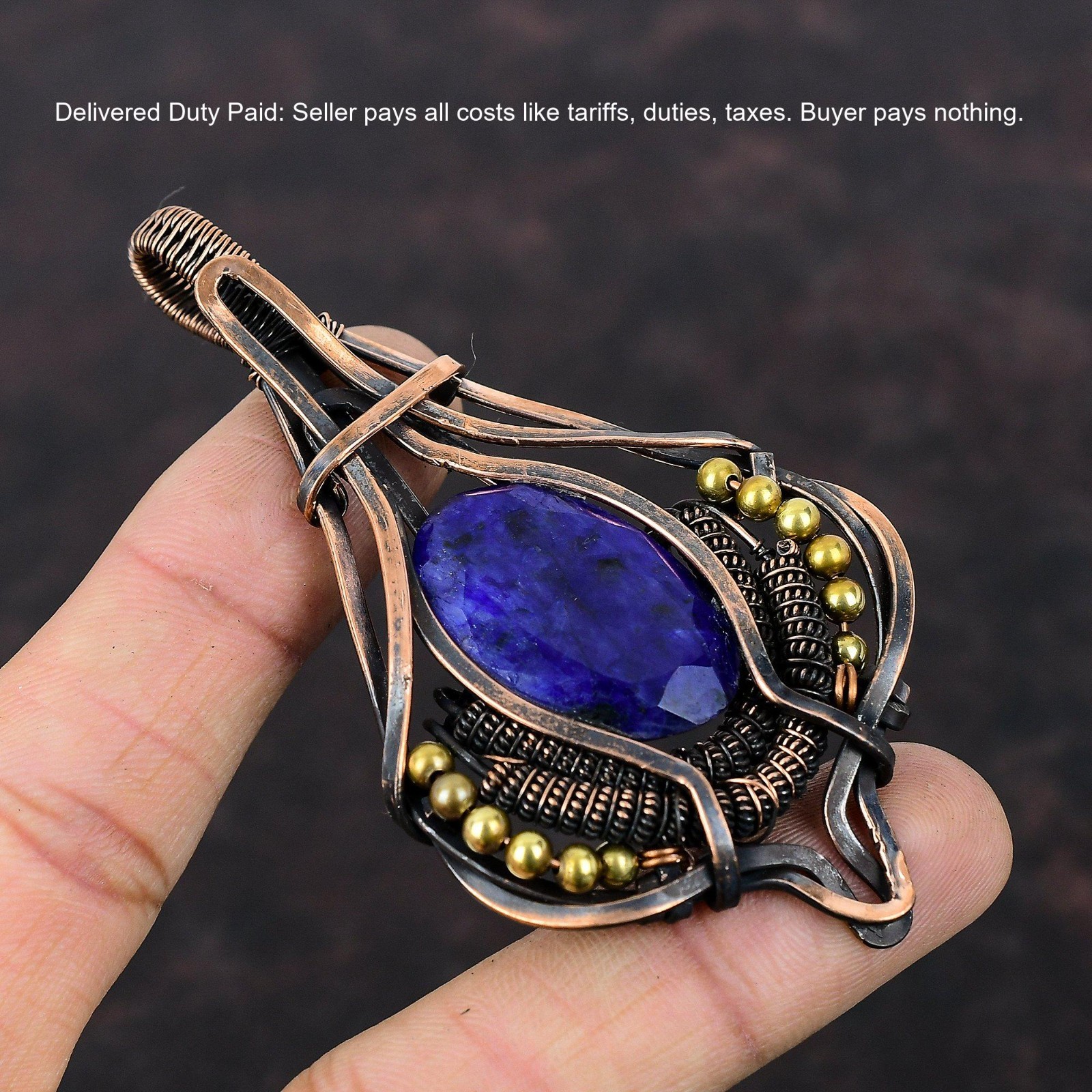 Halloween Sale Faceted Blue Saphire Stone Wire Wrapped Pendant Jewelry Copper