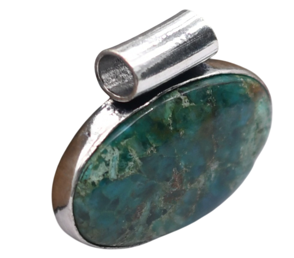 Chrysocolla Natural Gemstone Antique Silver Plated Pendant 1.5″ J 2007