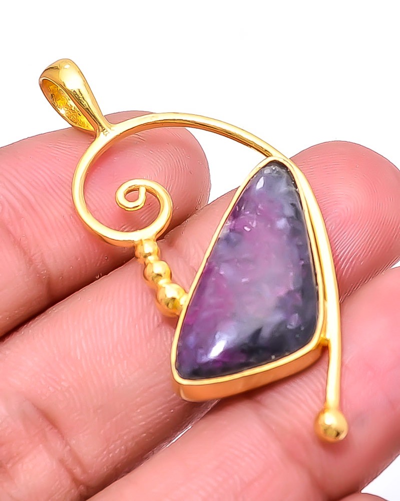 Ruby Simulated Hornblende Gold Plated 925 Sterling Silver Pendant 1.95″ P30