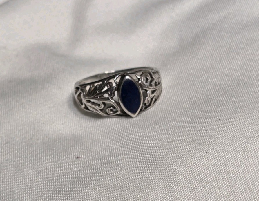 Sterling Silver 925 Blue Marquise Bezel Stone Filigree Band Ring, Size 7