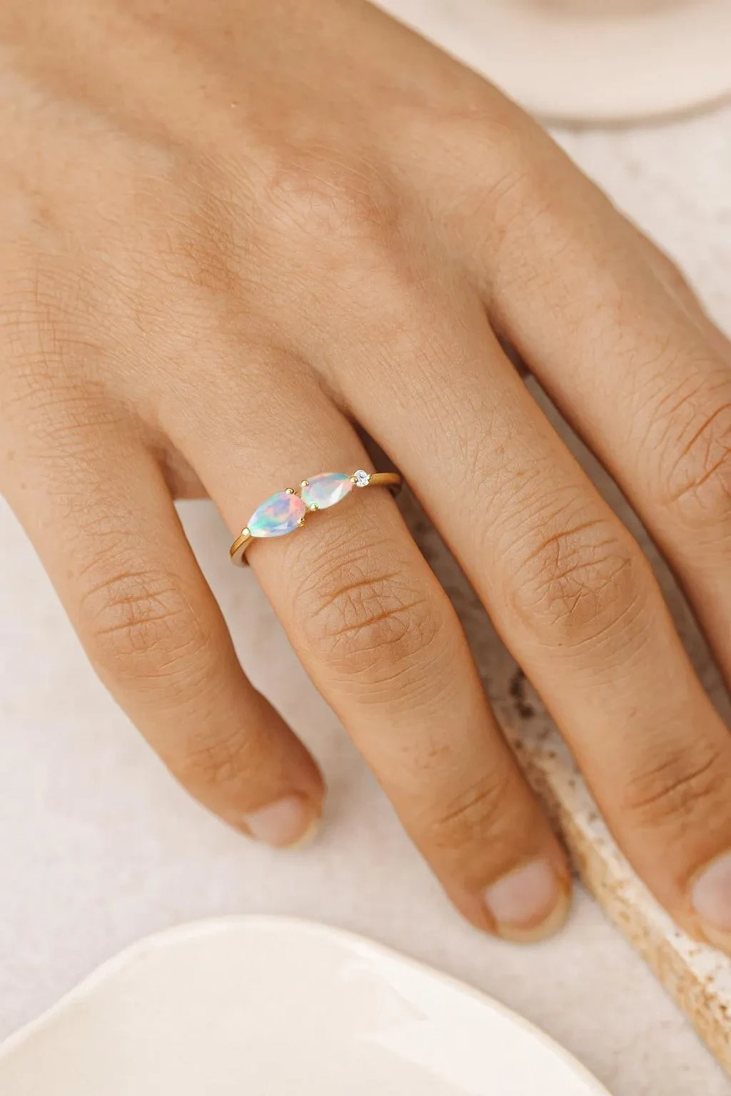 AAA Ethiopian Fire Opal Three Gemstone Stackable Ring, Natural Opal Gemstone