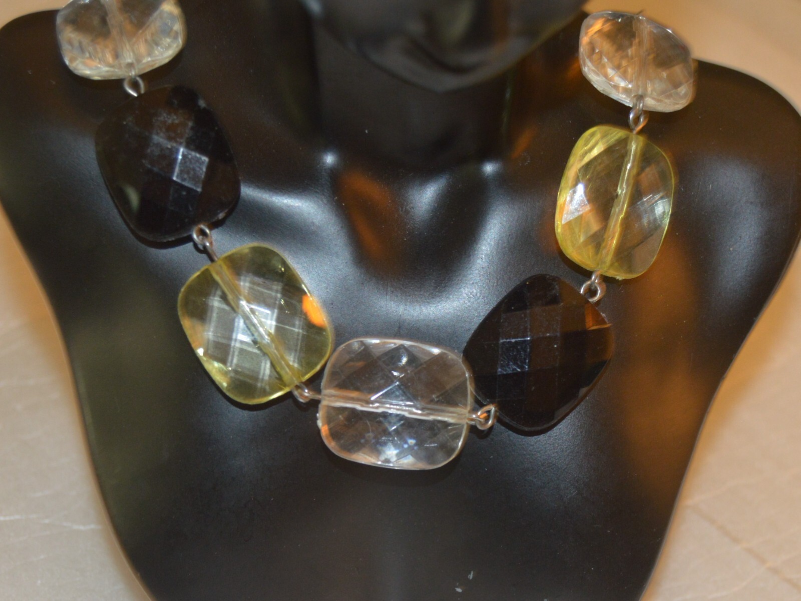Black, Yellow & Clear Rectangle Bead Necklace on Silver Chains