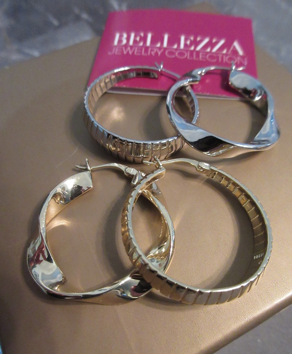 2 pr Bellezza DBJ 925 CN 1-1/4” Twist & Ridge Hoop Earrings Sterling & Yellow