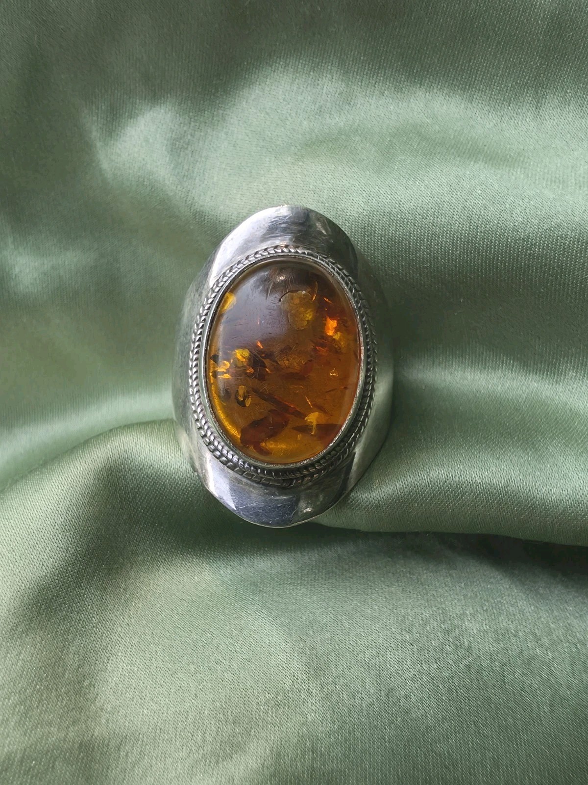 Vintage Silver Bezel Set Oval Amber Cabochon Boho Ring Size 8