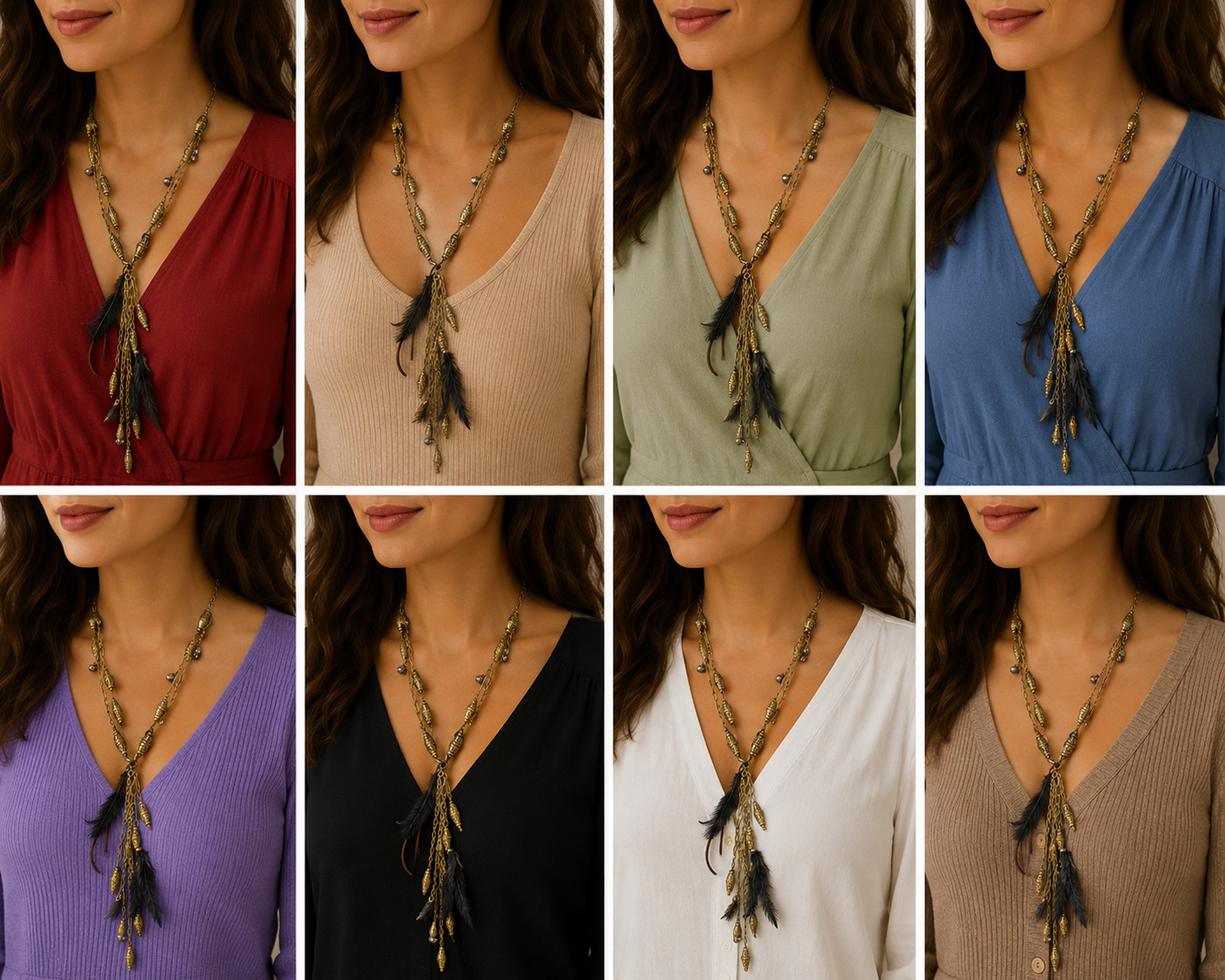 Boho Tribal Feather Barrel Necklace Brass Tone Tassel Statement Festival