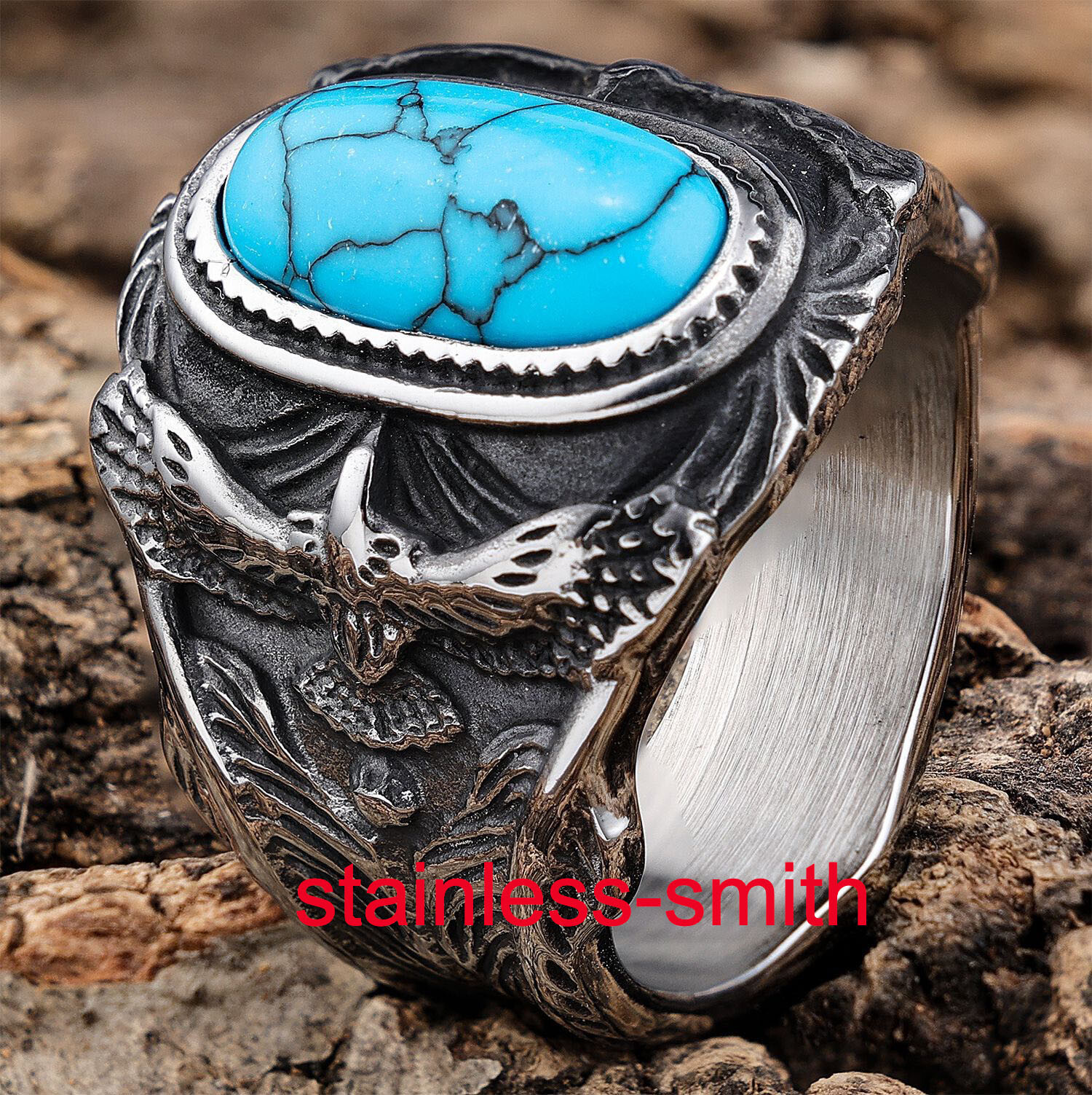 Men’s Large Turquoise Stone Eagle Biker Ring For Men Size 7 8 9 10 11 12 13-15