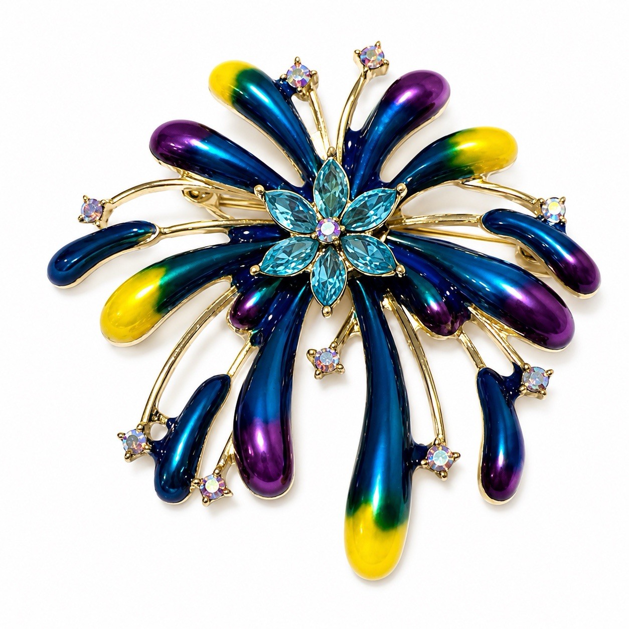 Fireworks Brooch Pin Multicolor Enamel Rhinestone Purple Blue Yellow