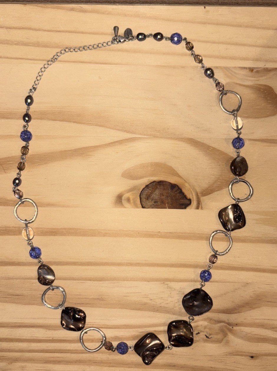 Lia Sophia Blue Brown Beaded Silver Chain Necklace