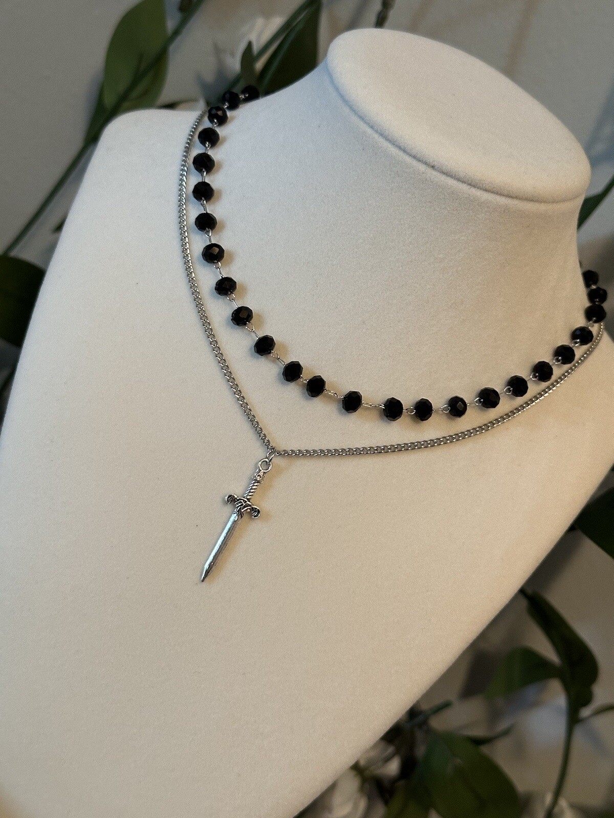 Sword Pendant Black Beaded Choker Necklace Luxury Double Layer Vintage Coquette
