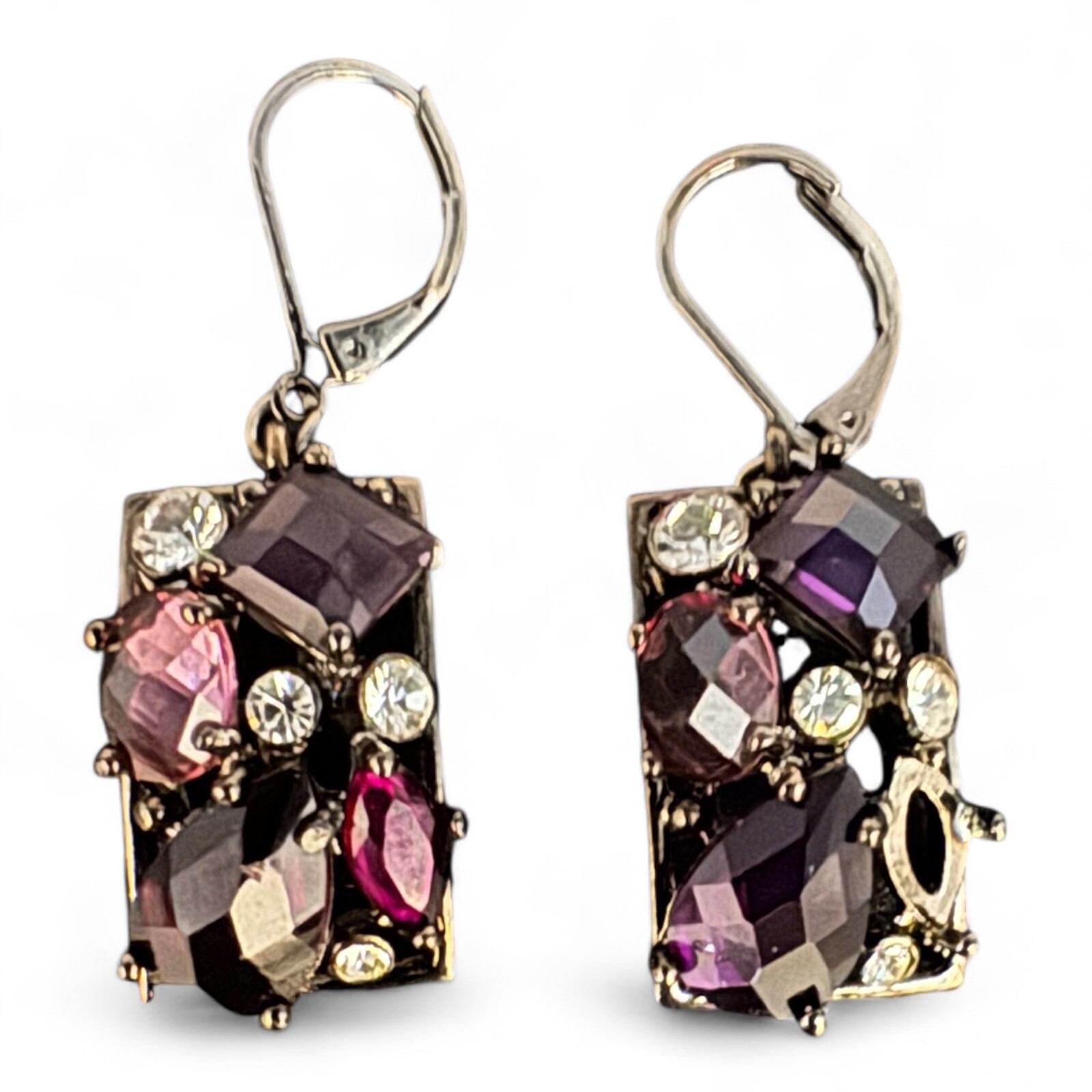 Multi-Purple Tone Rhinestone Rectangle Pendant Necklace W/Matching Earrings