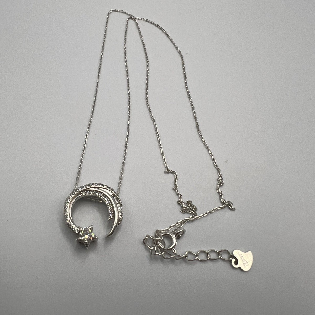 925 Sterling Silver Crescent Moon & Star Pendant Necklace with CZ Stones