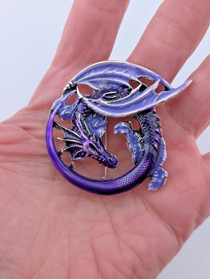 PURPLE WINGED DRAGON BROOCH PENDANT translucent enamel silvertone fantasy pin K5