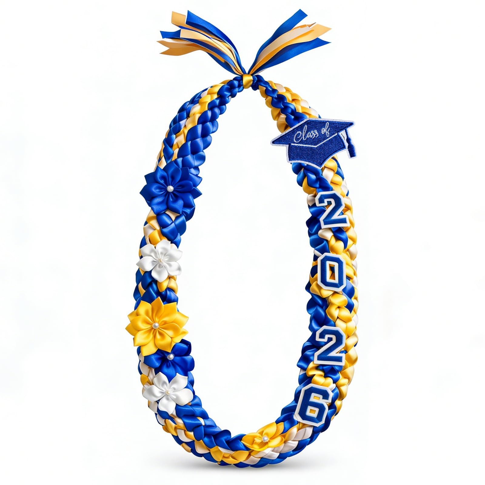 50” Graduation Lei 2026 Double Braided Ribbon Lei with 4 Satin Flowers, 2026 Gr