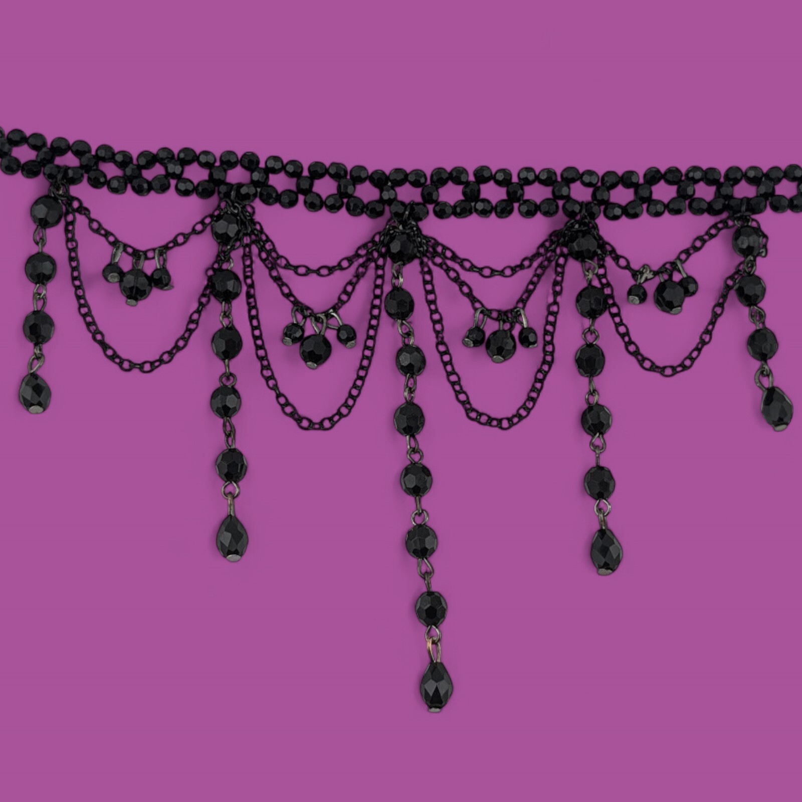 BLACK BEADED GOTHIC CHOKER layered chains drippy elegant witchy necklace 14″ M1
