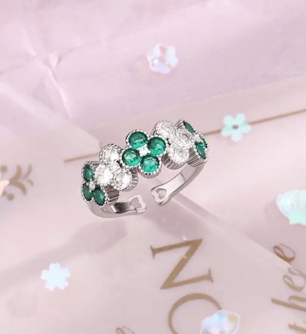 Women Synthetic Zircon Green Clover Open Ring Four-leaf Lucky Shamrock Size 6
