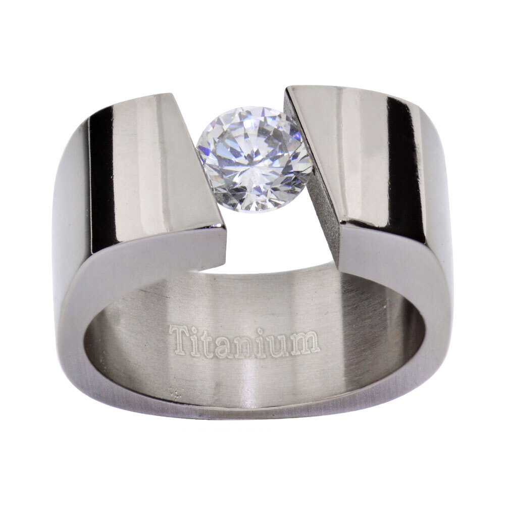 Titanium 8mm Band High Polish Round Cubic Zirconia Women’s Solitaire