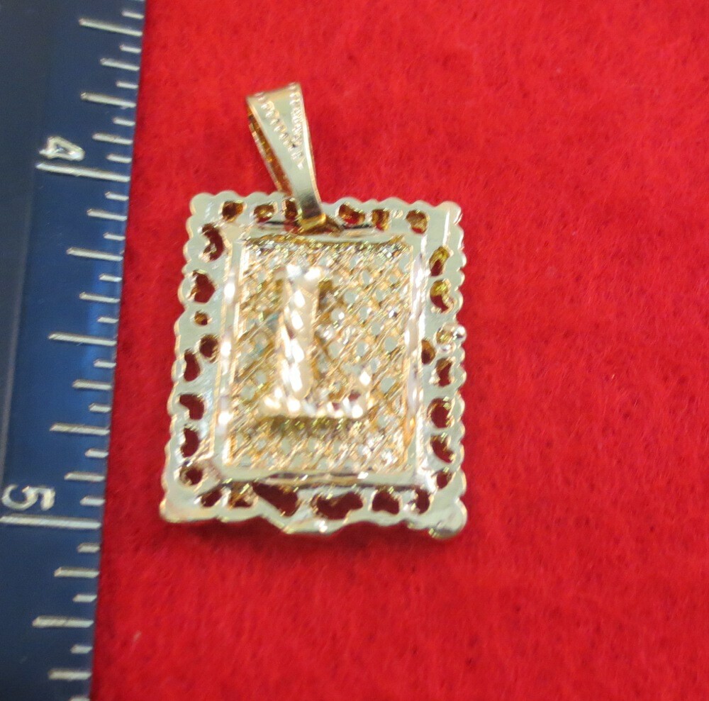 14KT GOLD EP 1 3/8 INCH FRAMED LETTER L LARGE SQUARE DIAMOND CUT INITIAL CHARM