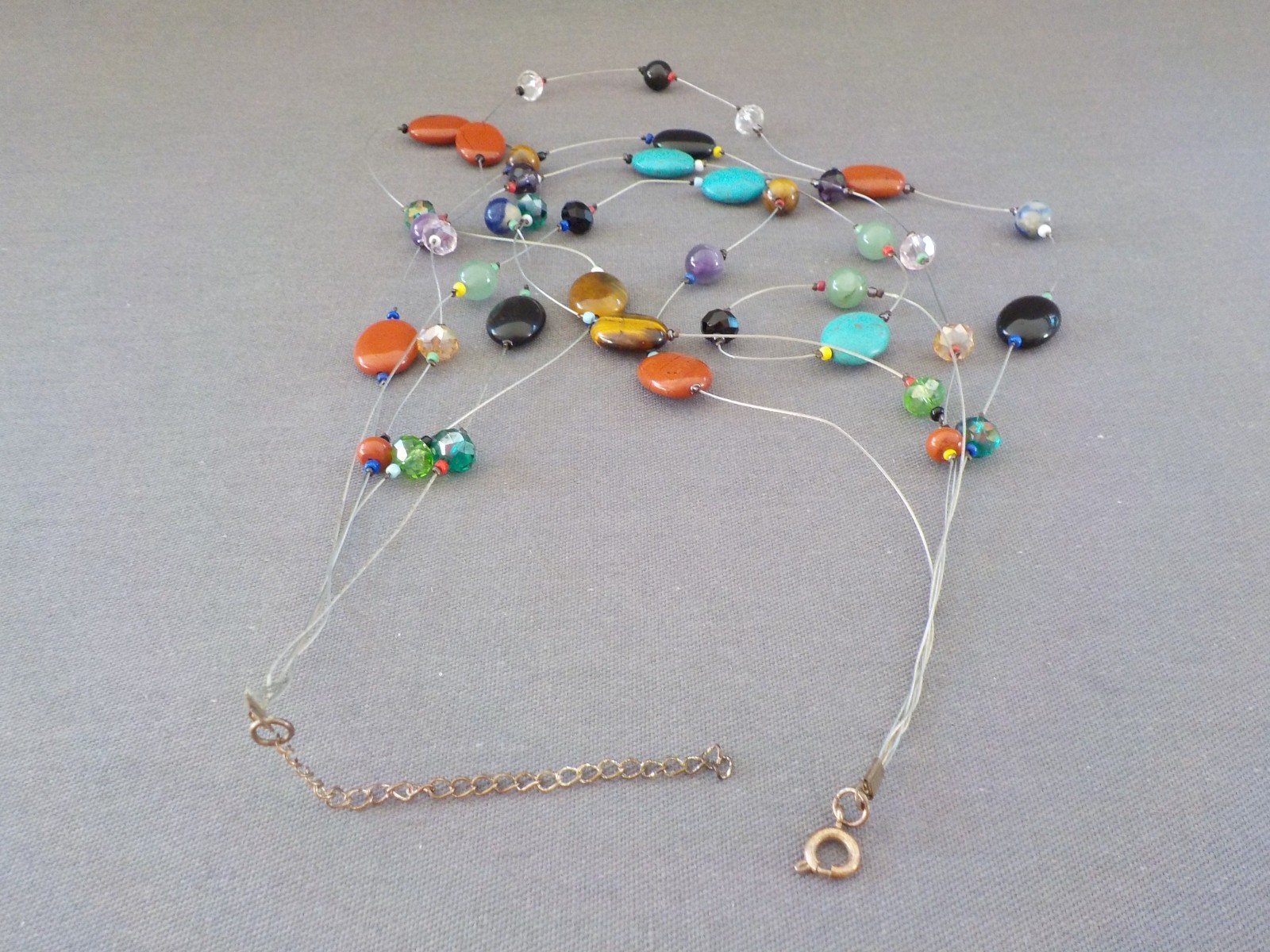 Necklace Silver Tone Metal Multi Strand Wire Stone Glass Oval Polished