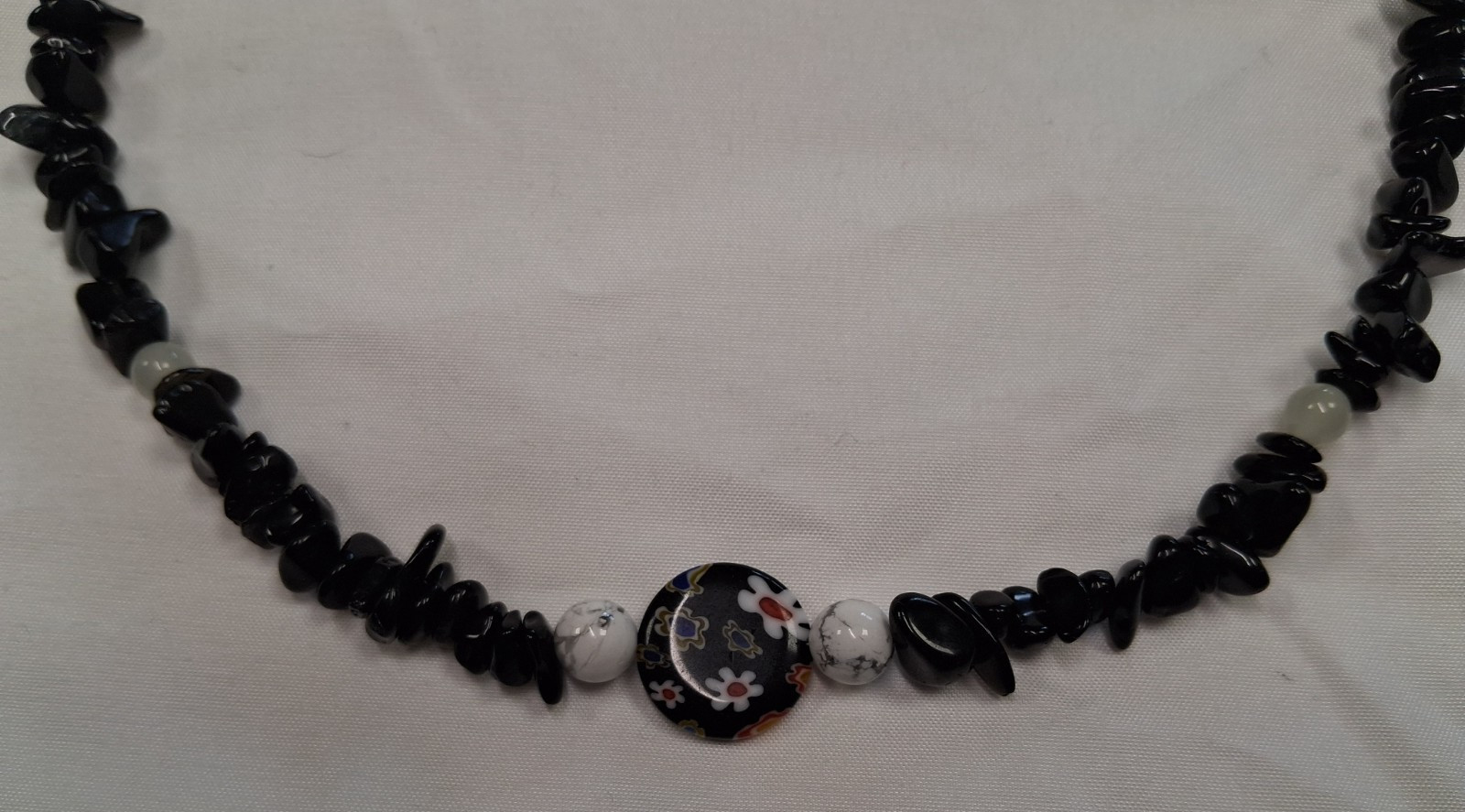 Black Jasper Chips Semi Precious, Beads, Necklace, Daisy Charm, 18 inches