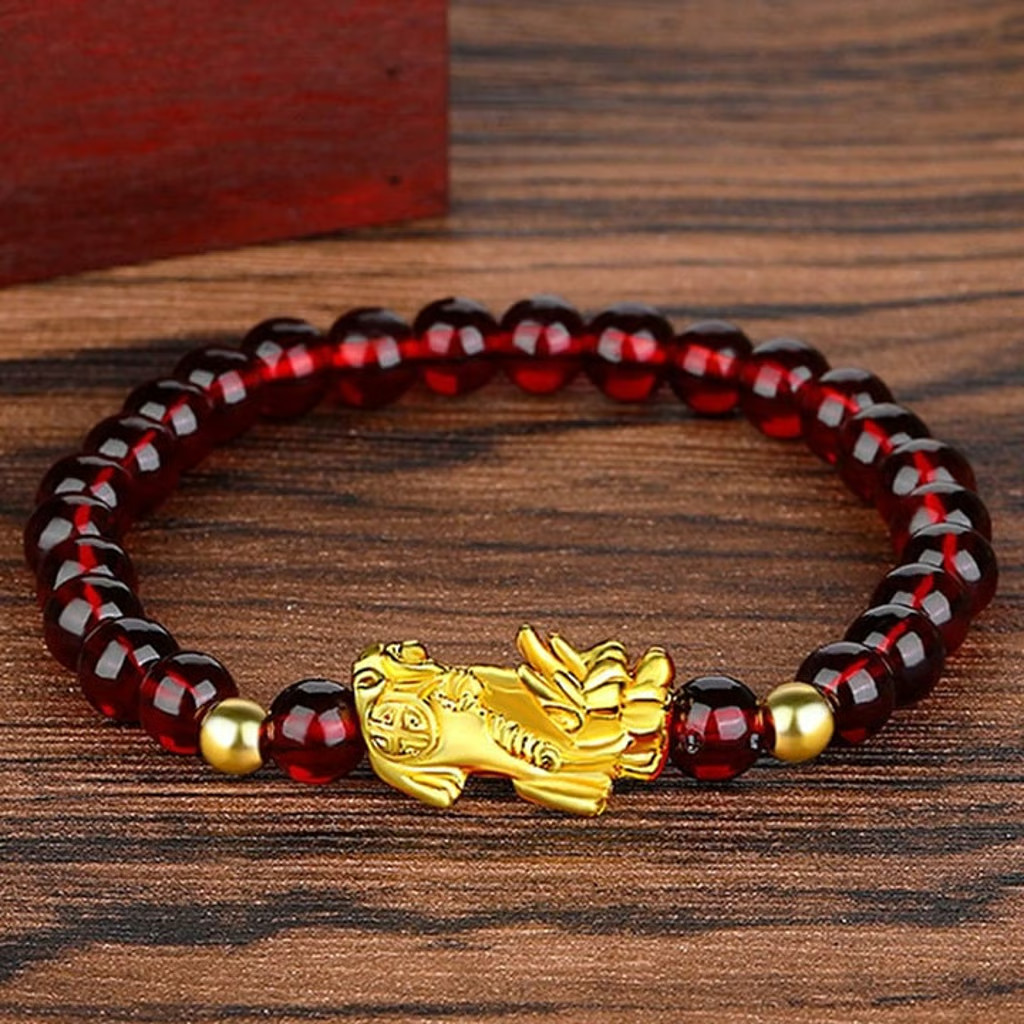 Natural Garnet Beads Fengshui Pixiu Charm Attract Luck Wealth Healing Bracelet
