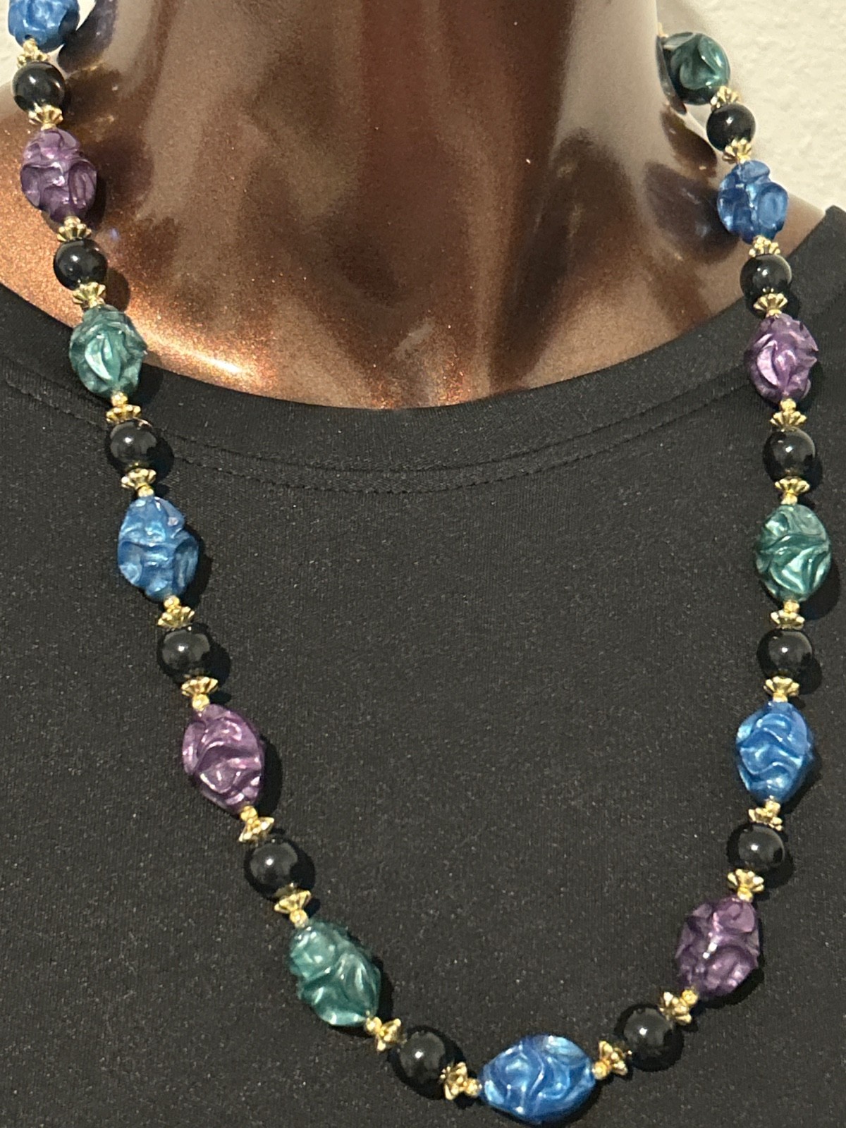 Multi Color Beaded Necklace with Gold-Tone Accents. 23” Purple Blue Green Black