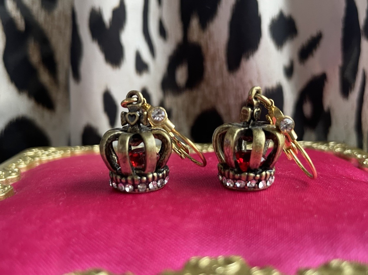 Betsey Johnson Vintage Royal Engagement Red Ruby Bronze Crown Jewel Earrings
