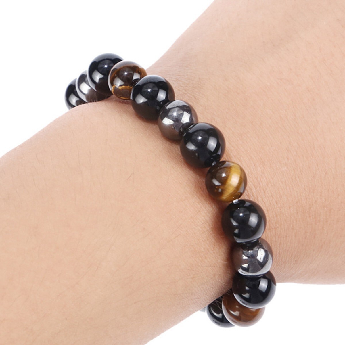 Triple Protection Bracelet 8mm Tiger Eye Obsidian Hematite Crystal Gemstone Bead