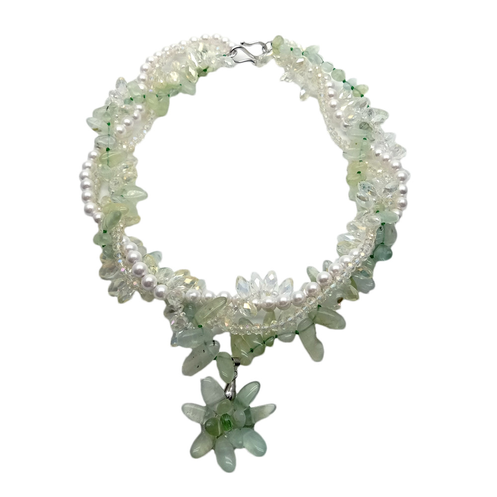 4 Rows Natural Prehnite Crystal White Sea Shell Pearl Necklace Flower Pendant