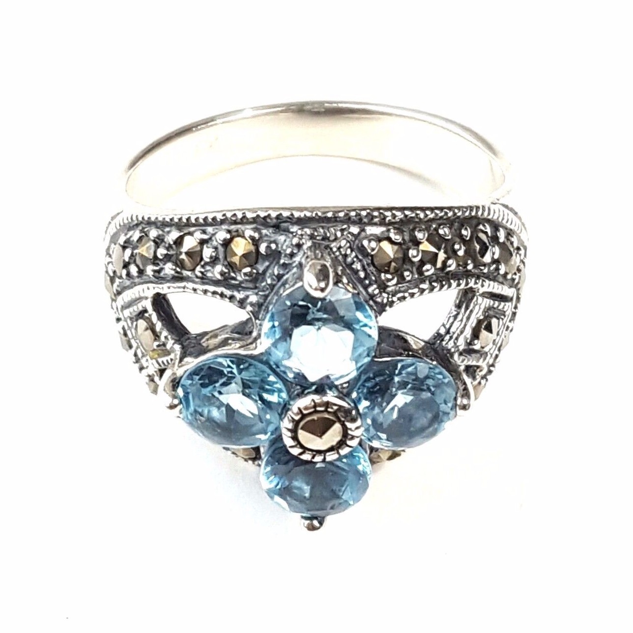 (SIZE 6,7,8,9) BLUE TOPAZ FLOWER RING Marcasite .925 STERLING SILVER