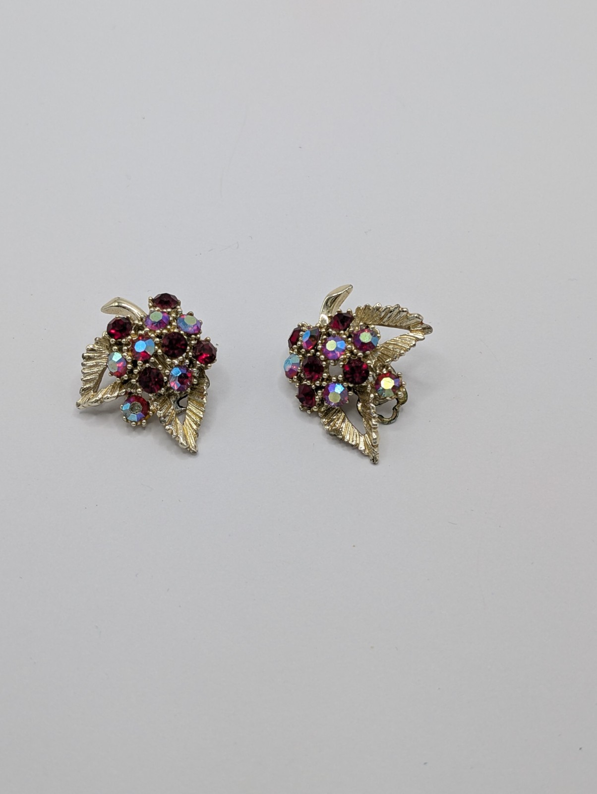 Vintage Red & Silver metal Berry Leaf Cluster Red & Aurora Borealis AB Earrings