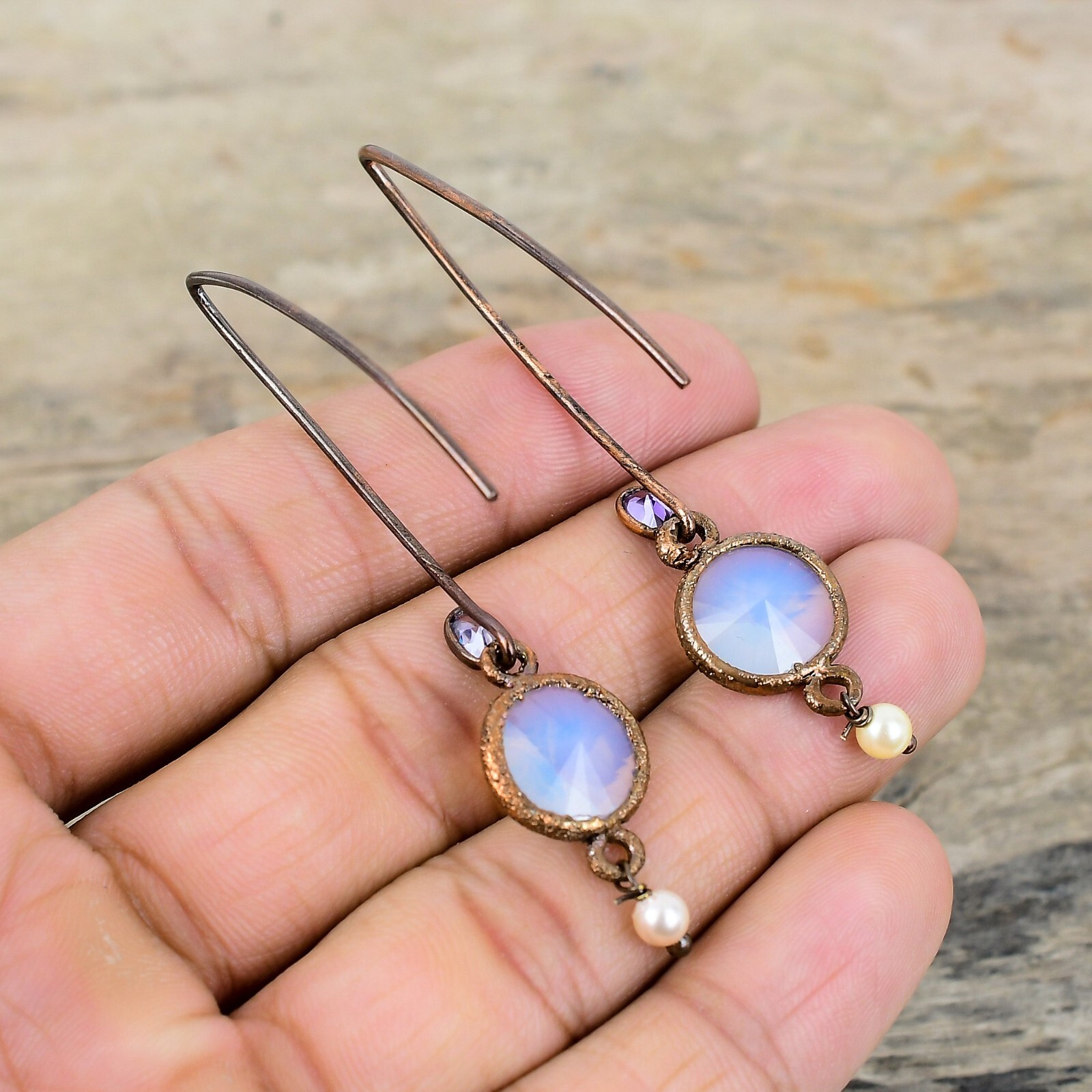 Natural Milky Opal African Amethyst Hook Electroformed Dangle Earrings Copper