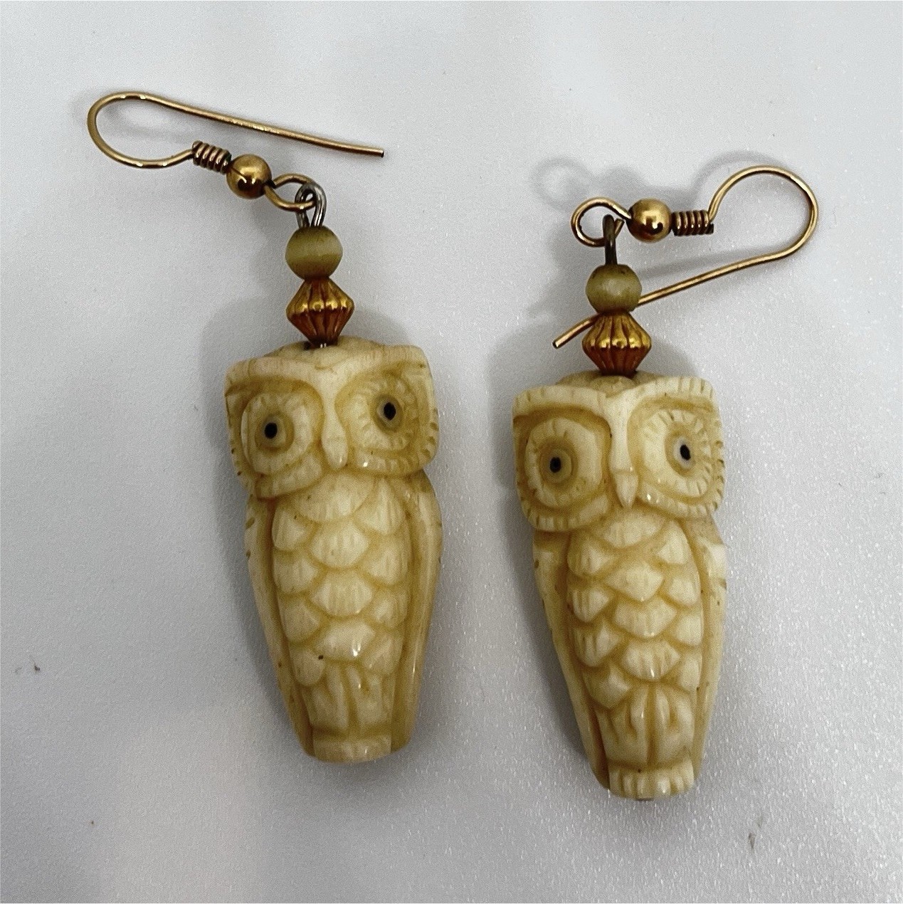 Carved Owl Dangle Drop Earrings, Hook Closure, No Stone 1.75 inches