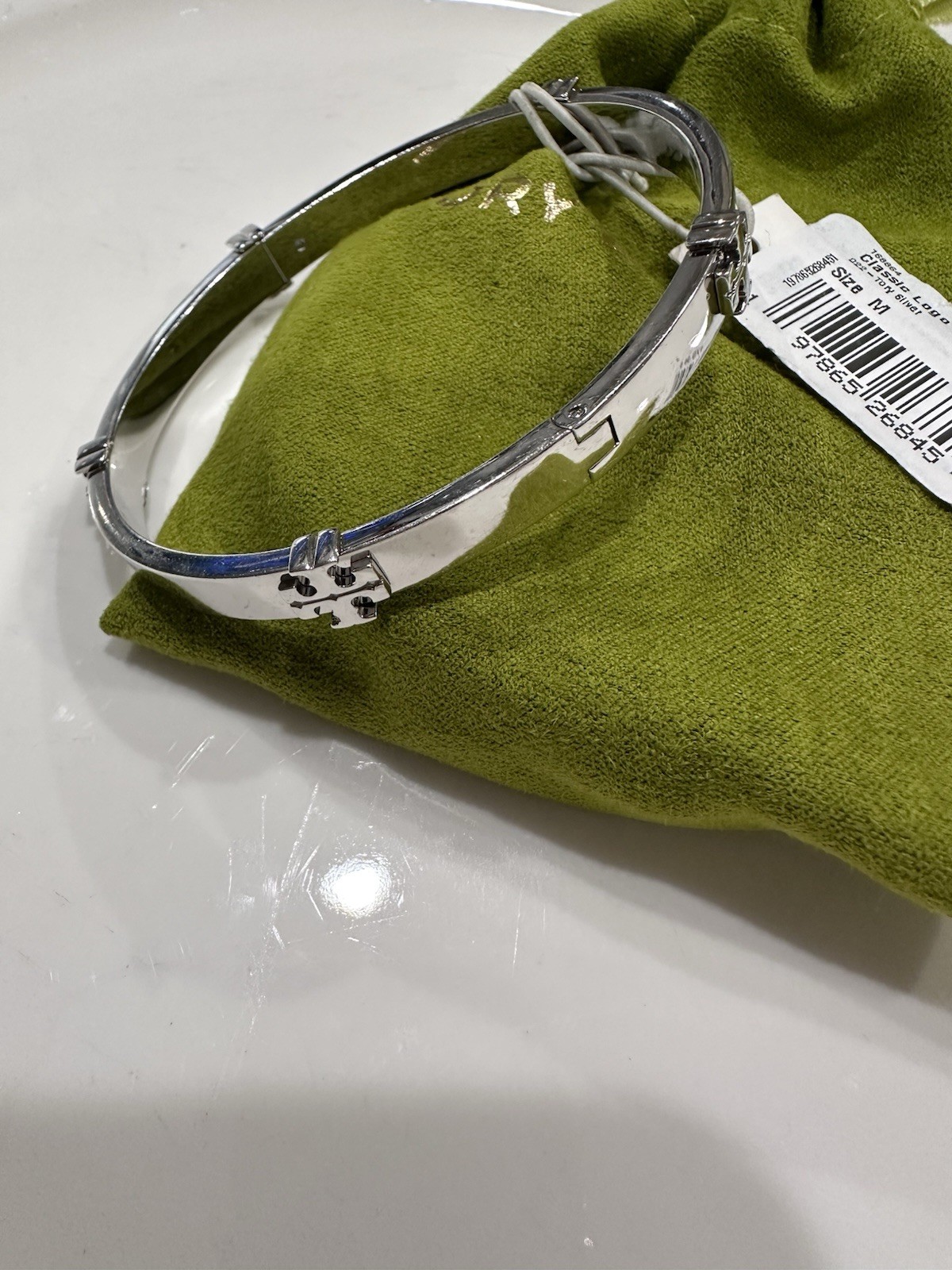 Tory Burch Classic Logo HINGE BANGLE Silver 168864 Size M