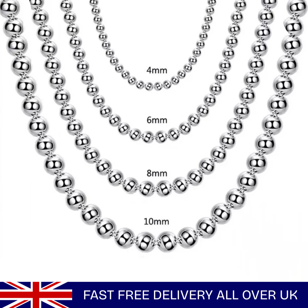 925 Sterling Silver 4MM/6MM/8MM/10MM Smooth Beads Ball Chain Necklace For Women