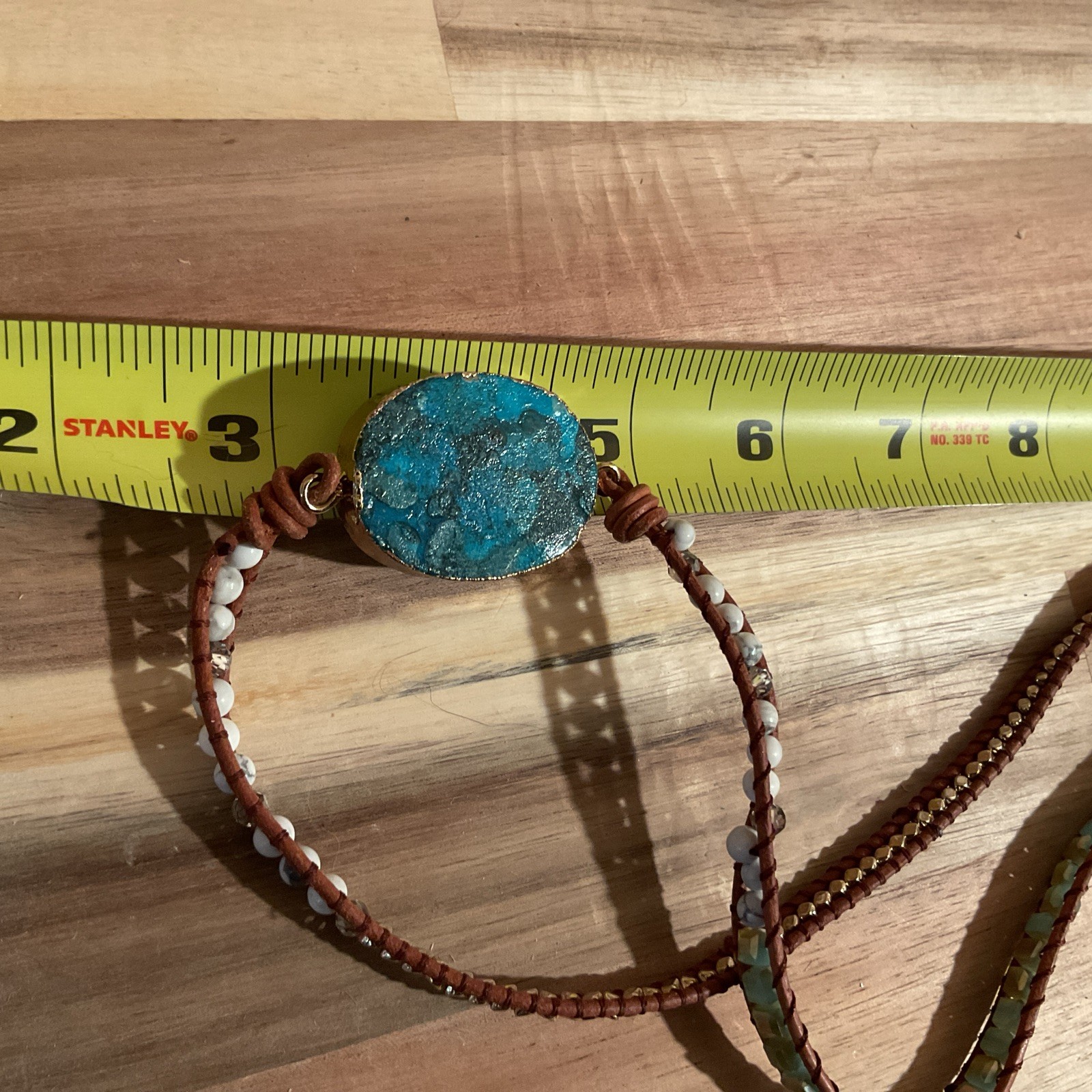 Blue Turquoise Color Stone Gold Edges Leather Beaded Necklace 17 Inches Long