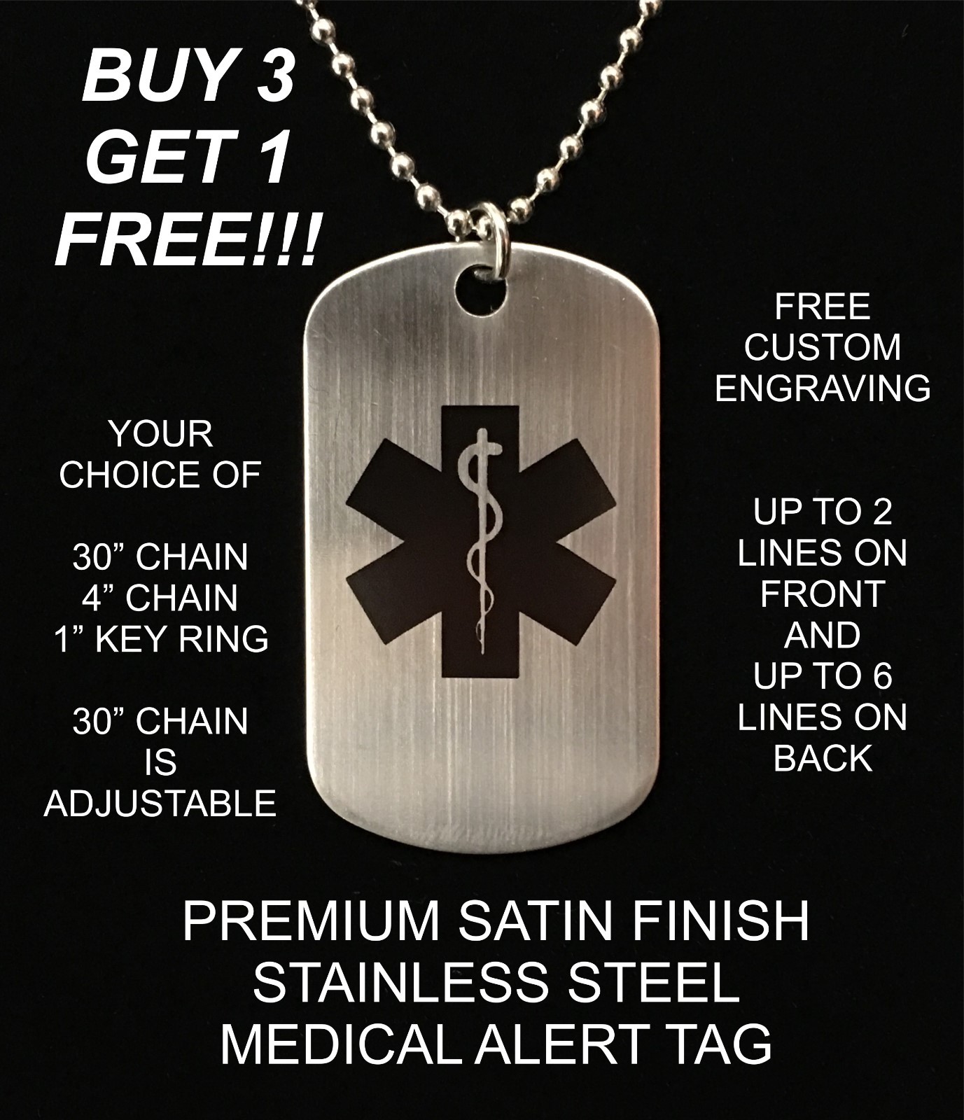 MEDICAL ALERT STAINLESS STEEL DOG TAG NECKLACE CUSTOMIZED FREE ENGRAVING I.C.E.