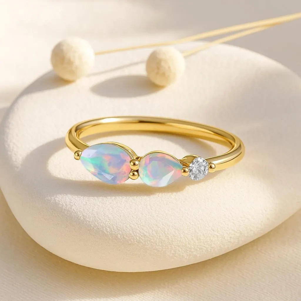 AAA Ethiopian Fire Opal Three Gemstone Stackable Ring, Natural Opal Gemstone