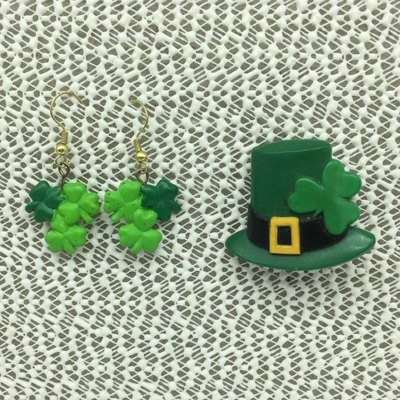 St. Patrick’s Day Top Hat Brooch Pin and Dangle Shamrock Earrings Set Lot A5