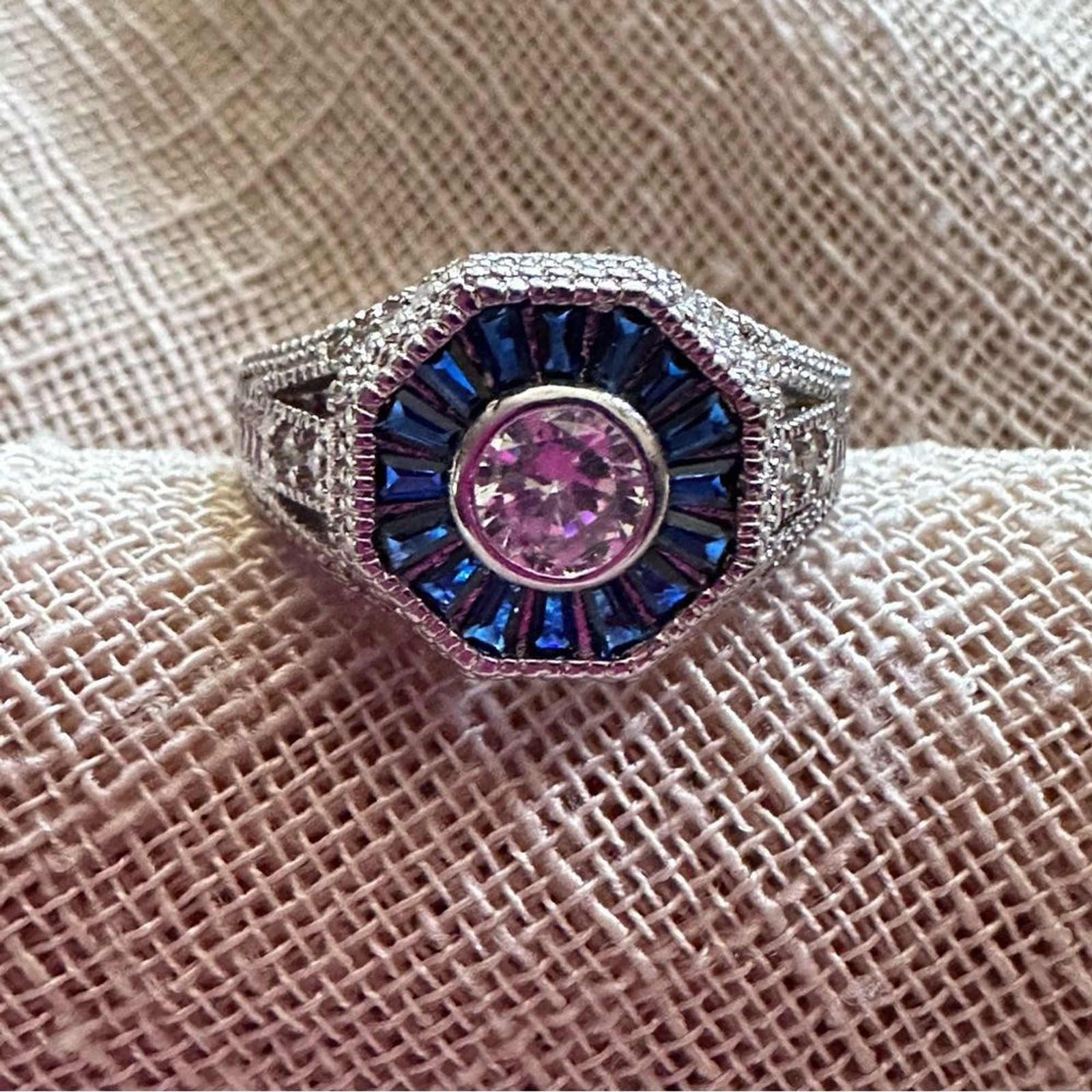 Art Deco Style Sterling Silver and Blue Gemstone Engagement Ring