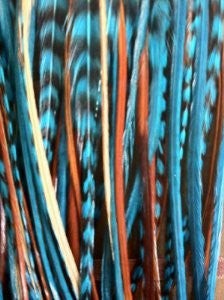 Feather Hair Extension 6 Feathers Brown Mix Blue Turquoise and Grizzly for Hair