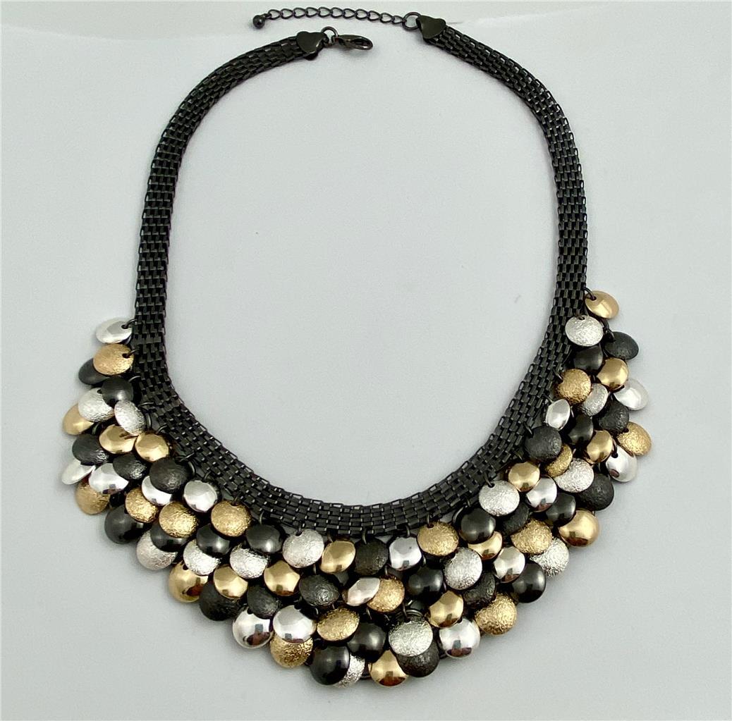 Black Gold & Silver Tone Metal Statement Bib Necklace
