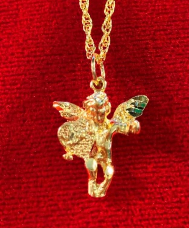 14 KT GOLD PLATED NEAR 1″ LOVE ANGEL CHARM & 16-30″ 14KT GOLD PLATED ROPE CHAIN