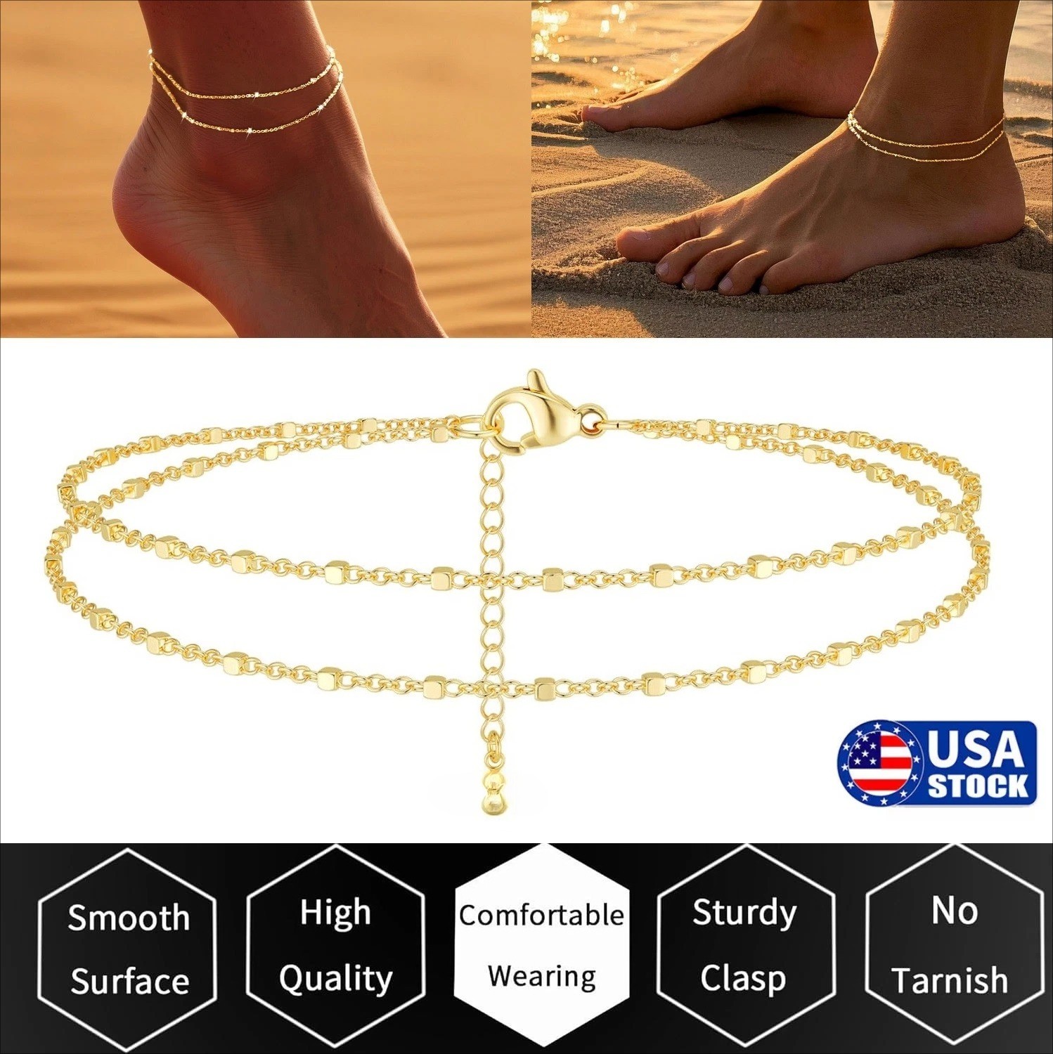 Plated Layered Anklet, Dainty Double Chain Beach Anklet for Women