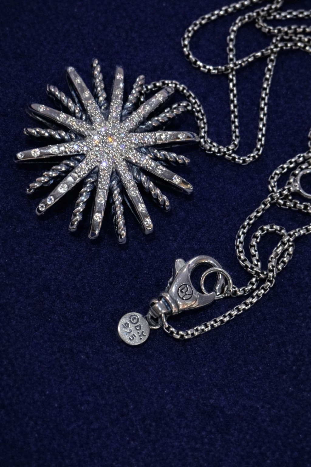 David Yurman 925 Sterling Silver 26mm Starburst Pavé Diamond Cable Necklace 20″
