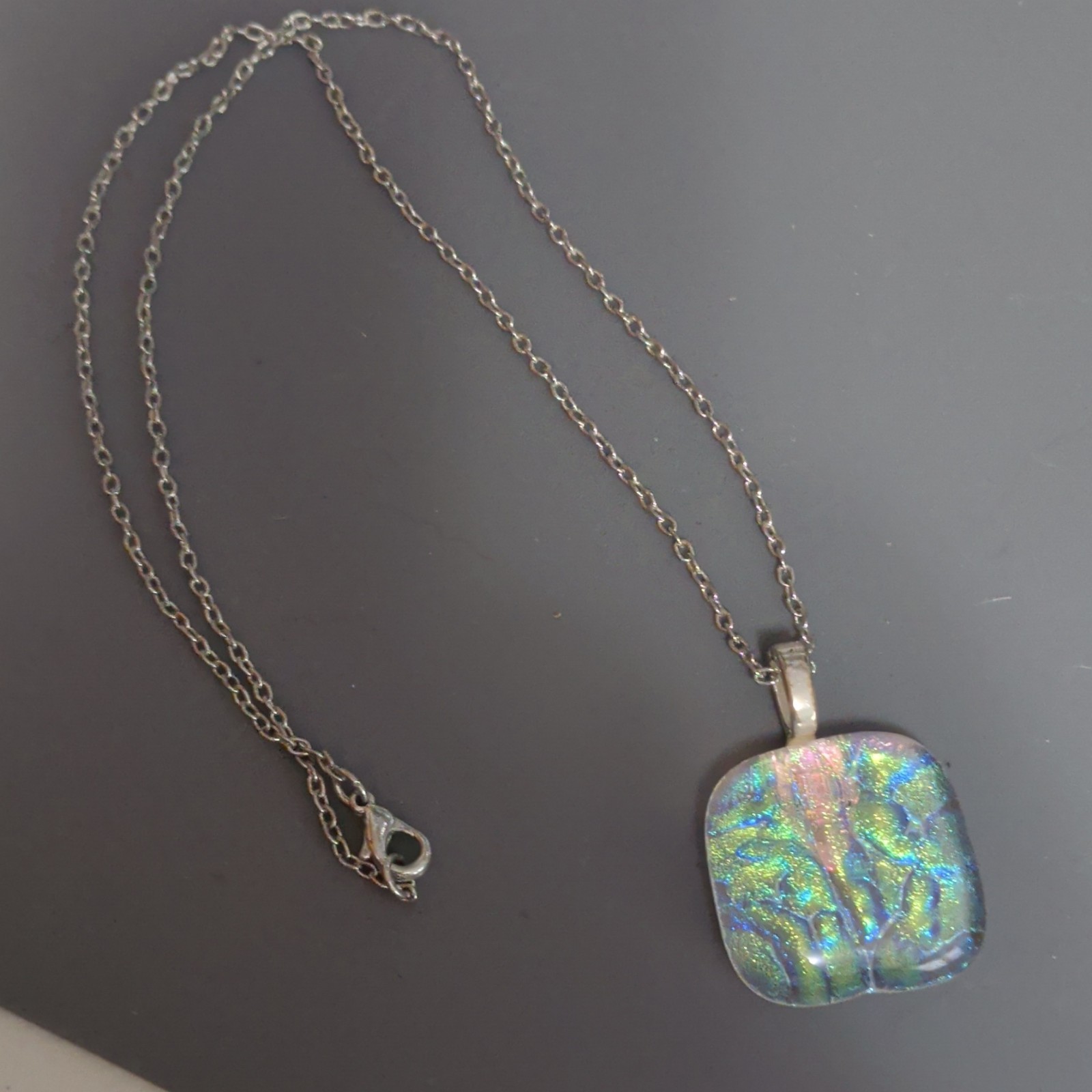 Silver Tone Cable Chain Necklace, Iridescent Square Glass Charm Pendant, Lobster
