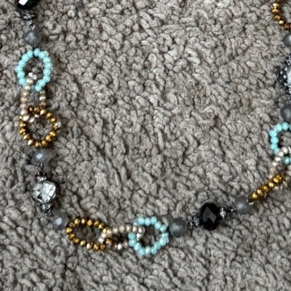 Vera Wang Simply Vera Beaded 36″ Long Necklace Gunmetal Turquoise Gold Tassel