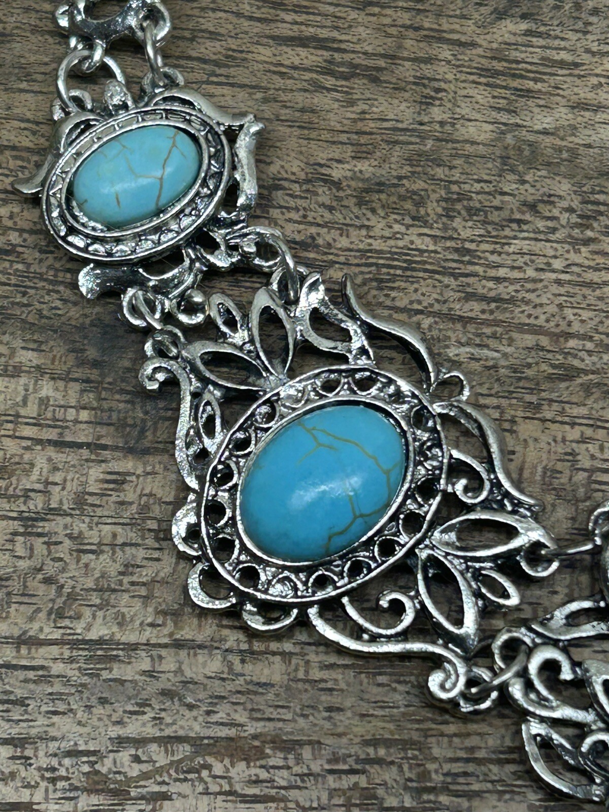 Turquoise mounted on Silver Tone Alloy & Magnetic Silver Chain Choker/ Necklace