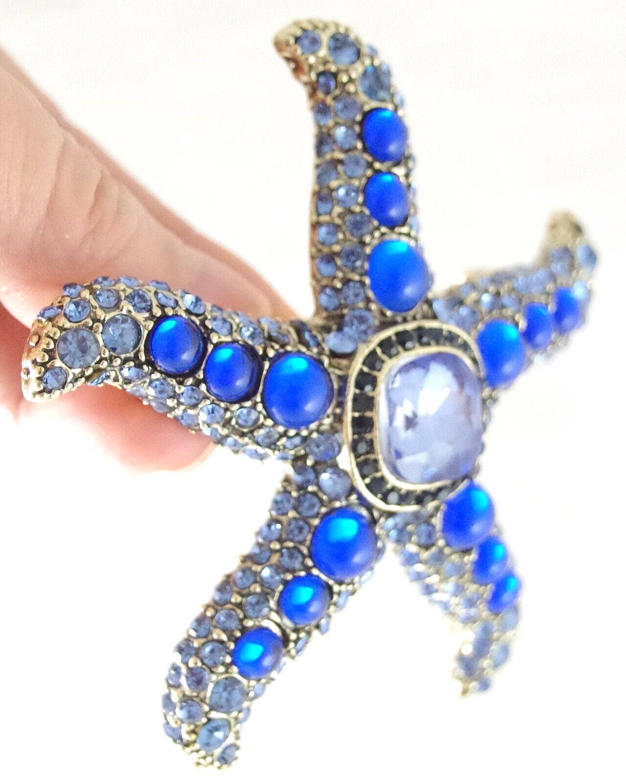 BIG UNSIGNED KENNETH JAY LANE INSPIRED BLUE RHINESTONE GLASS CAB STARFISH BROOCH
