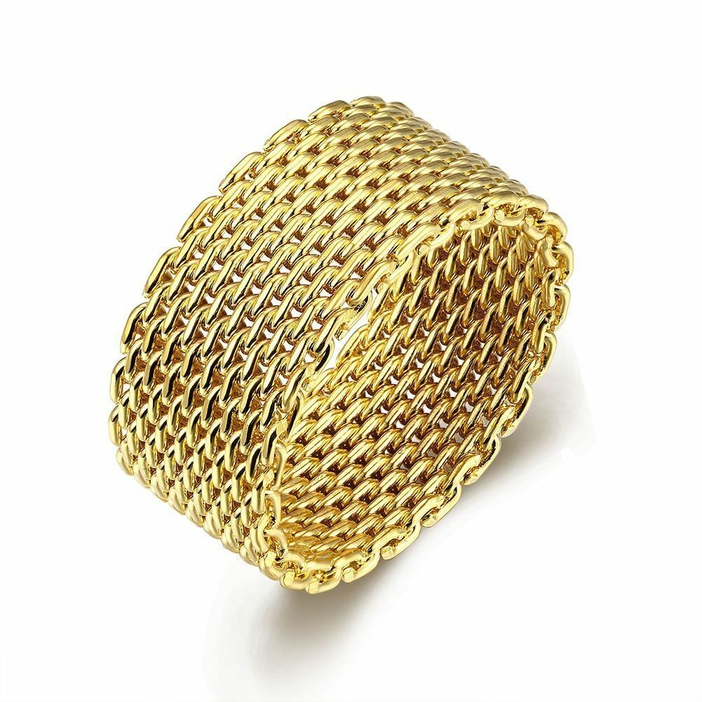 Men &Women’s Real 18K Yellow Gold Filled HypoAllergenic Love Mesh Band Ring T241
